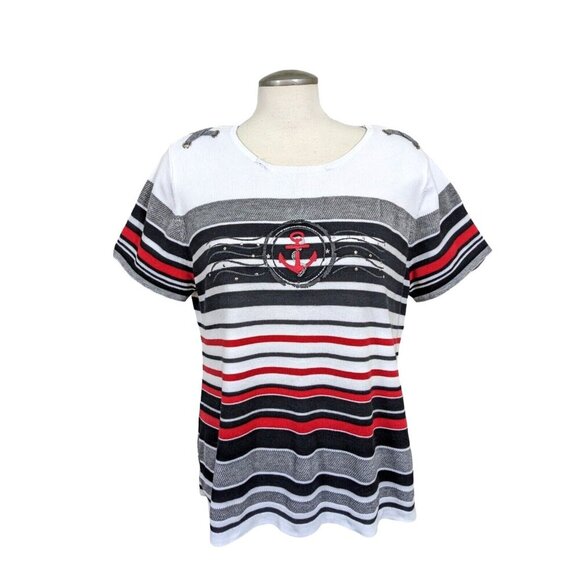 Grenier Womens XL Nautical Knit Top Striped Mesh Panels Anchor Black White Red - Picture 1 of 7